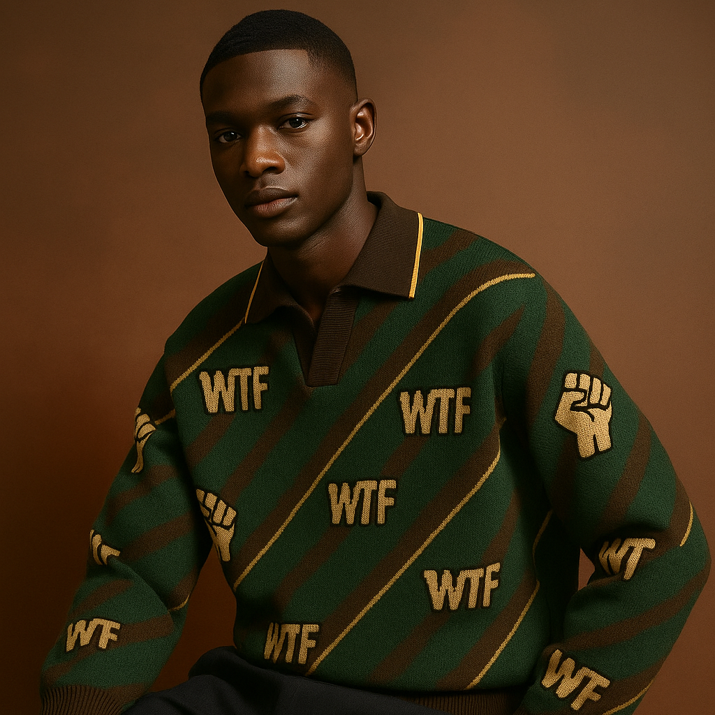 Man wearing a green and brown striped sweater with 'WTF' text, sitting on a white stool against a brown background.